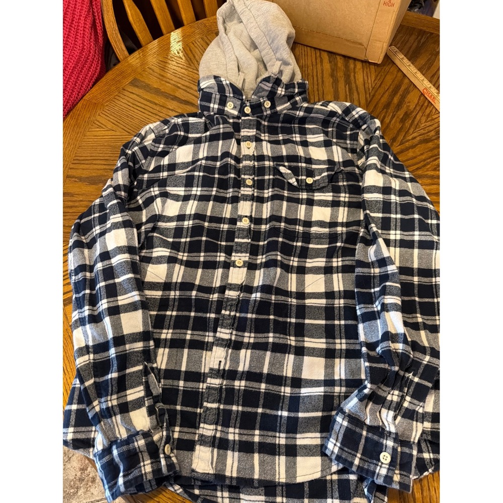 American Eagle Super Soft Navy White Plaid Hooded Flannel Shirt Mens XL